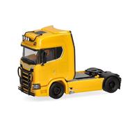 Herpa truck model Scania CS 20 HD rigid tractor witg light bar and bull bumper 2axles, on a scale of 1:87, plastic miniature, made in Germany, model building, collectors edition, broom yellow
