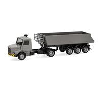 Herpa truck model Scania Hauber dumper semitrailer, on a scale of 1:87, plastic miniature, made in Germany, model building, collectors edition, grey/yellow