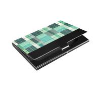 Herringbone Houndstooth Checked Turquoise Green Slim business card holders with Leather and Stainless Steel card holder modern for Women or Men