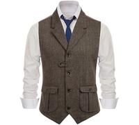 Herringbone Men's Vests Suit Vest Notch Lapel With Two Pockets Herringbone Waistcoat For Wedding Men Vest Brown M