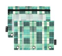 Herringbone Plaid Turquoise Green Binder Pockets Fabric Pencil Case for 3 Rings Folders with Zipper for Students Office Supplies