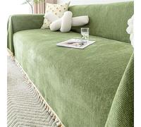 Herringbone Velvet Sofa Cover with Decorative Fringe Cat ScratchResistant Furniture Protector Fits 3/2/1 Seater Sofas (Green 180x380cm)