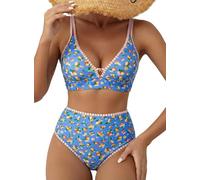 Herseas Women's 2 Piece Floral Print Bikini Sets V Neck Stitch Swimsuits High Waisted Bathing Suit Beach Summer Swimwear, Navy Citrus Print , S