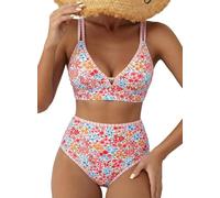 Herseas Women's 2 Piece Floral Print Bikini Sets V Neck Stitch Swimsuits High Waisted Bathing Suit Beach Summer Swimwear, Multicolor Floral, S