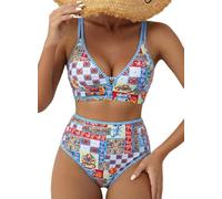 Herseas Women's 2 Piece Floral Print Bikini Sets V Neck Stitch Swimsuits High Waisted Bathing Suit Beach Summer Swimwear, Multicolor Mosaic, S