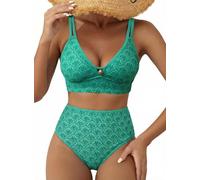 Herseas Women's 2 Piece Floral Print Bikini Sets V Neck Stitch Swimsuits High Waisted Bathing Suit Beach Summer Swimwear, Green Scalloped Floral, S