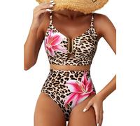 Herseas Womens 2 Piece High Waisted U Wire Bikini Set Floral Print Swimsuit Crisscross Back Bathing Suit Beach Swimwear, Leopard Pink Lily, M