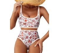Herseas Women's Bikini Sets Floral Print Whip Stitch 2 Piece Swimsuits High Waisted Scoop Bathing Suits, Orange, Medium