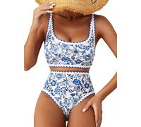 Herseas Women's Bikini Sets Floral Print Whip Stitch 2 Piece Swimsuits High Waisted Scoop Bathing Suits, Blue, S