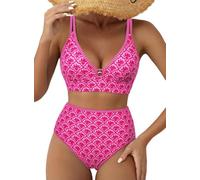 Herseas Womens High Waisted Bikini Set Floral Print V Neck Stitch Swimsuits, Rose Scalloped Floral, S