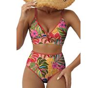 Herseas Womens High Waisted Bikini Set Floral Print V Neck Stitch Swimsuits, Tropical Leaf Print, S