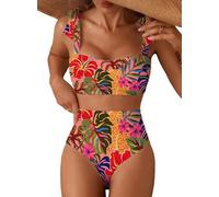 Herseas Women's Tie Shoulder Bikini Sets 2 Piece Striped Swimsuits High Waisted Bathing Suits, Tropical Animal Print, XL