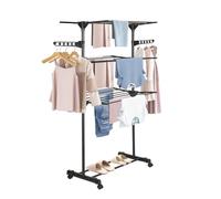 Hershii 4-Tier Foldable Clothes Airer, Clothes Drying Rack with Rolling Wheels and Wings, Carbon Steel Clothes Horse for Indoor Outdoor, Space Saving, Black