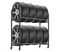Hershii Adjustable Rolling Tyre Storage Rack, 2-Tier Tire Display Stand Space for 8 Tyres, Heavy Duty Metal Car Wheel Shelving Unit for Garage Workshop Warehouse, (63-108) X 39 X 112cm, Black