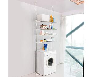 Hershii Over the Toilet Storage Rack Laundry Shelf Double Tension Poles Above Washer Dryer Organizer Unit Bathroom Space Saver Clothes Hanger Rods, Adjustable Height & Width (Ivory, 4 Tier)