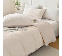 Herside Beige Tufted Bedding Set Double Size 3pcs Leaf Jacquard Duvet Cover Set Ultra Soft Microfibre Quilt Cover Set All Season Boho Bedding Set for Girls Teens Adult with 2Pillowcases
