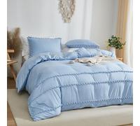 Herside Blue Duvet Cover Set King Boho Bedding Sky Blue Pom Poms Fringe Design Soft Microfibre Shabby Chic Bedding Sets 2 Pillowcases (Sky Blue,King)