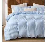 Herside Blue White Striped Duvet Cover Set King Size, 100% Cotton Linen Like Textured Bedding with Classic Vertical Stripes, Soft Lightweight Reversible Comforter Cover for All Season