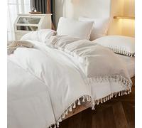 Herside Boho Tassel Bedding Set Single Size Reversible Duvet Cover Set 2 Pcs White Beige Solid Bedding Set Soft Microfiber Bedding All Season Farmhouse Girls Duvet Cover Set