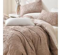 Herside Boho Tufted Duvet Cover Set Double Size Taupe Jacquard Bedding Set 3pcs Leaf Farmhouse Quilt Cover Premium Microfibre Bedding Cover Set All Season with 2 Tufted Pillowcases