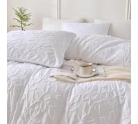 Herside Boho Tufted Duvet Cover Set Double White Farmhouse Bedding Set Lightweight Leaf Tufted Design Farmhouse Quilt Cover Microfibre Bedding Cover Set All Season with 2 Pillowcases