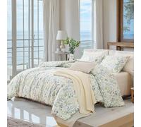 Herside Botanical Floral Bedding Set King Size 100% Cotton Duvet Cover Set 3 Pcs Boho Green Flower Printed Soft & Breathable Quilt Cover for Girls Adult with Zipper Closure & Corner Ties