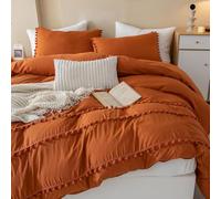 Herside Burnt Orange Duvet Cover Set Boho Bedding 3 Layers Pom Poms Fringed Soft Microfibre Shabby Chic Bedding Sets Single 1 Pillowcase (Burnt Orange,Single)