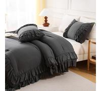 Herside Dark Grey Duvet Cover Set King Size Grey Ruffled Bedding Cover Shabby Chic Bedding Set Solid Reversible Quilt Cover Microfibre Duvet Cover with Zipper Closure