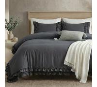 Herside Dark Grey Duvet Cover Set Single Size Cute Ruffle Bedding Set Shabby Chic 2 Layers Ruffled Design Boho Farmhouse Bedding Cover with Zipper Closure