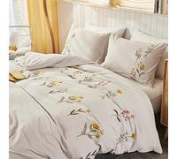 Herside Floral Bedding Set Double Beige Grey Duvet Cover for Kids Teens Embroidered Flowers Pattern Soft Washed Microfibre Quilt Cover (Beige Grey, Double)