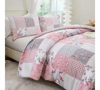 Herside Flower Plaid Duvet Cover Set Super King Size Rose Floral Paisley Printed Pink Gray Grid Duvet Cover Farmhouse Bedding Cover 260x220cm 3PCS All Season with Zipper Closure