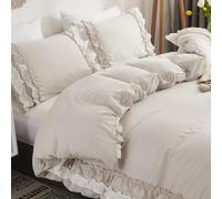 Herside Grey Ruffle Duvet Cover King Boho Bedding 2 Layers Beige White Ruffle Design Shabby Chic Bedding Sets 1 Quilt Cover 2 Pillowcases (White-Beige Grey, King)