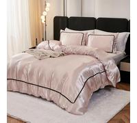 Herside Light Pink Satin Duvet Cover Set Double Size Satin Pom Pom Bedding Set Luxurious Pink Quilt Cover Set Ultra Soft Microfibre Duvet Cover Home Decor Bedding for Gilrs Teens