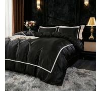 Herside Luxury Black Bedding Set Satin Silk Duvet Cover Set King Size White Pom Pom Edge Design Reversible Quilt Cover with 2 Satin Pillowcases Easy Care Bedding Set for Boys Adult