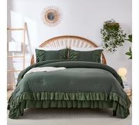 Herside Olive Green Cotton Comforter Queen Size,Boho Ruffle Bedding Set,2 Layers Ruffles Fluffy Vintage Comforter Home Decor,Farmhouse 3 Pcs Soft and Breathable Lightweight Quilt Set for Women Girls