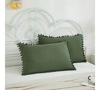 Herside Olive Green Pom Pom Pillowcases 50x75cm Solid Pom Pillow Cover 2pcs Soft Microfibre Pillow Shams Cottage Rustic Pillow Cases with Pocket Closure for Teens Adult Girls