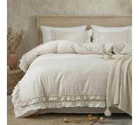 Herside Ruffle Duvet Cover Double Boho Bedding 2 Layers Beige White Ruched Ruffle Design Shabby Chic Bedding Sets 1 Duvet Cover 2 Pillowcases (White-Beige Grey, Double)