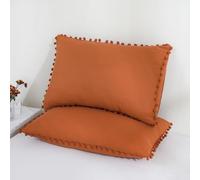 Herside Rustic Red Pom Pom Pillow Cover 50x75cm Cute Pom Pillowcases Set of 2 Soft Microfibre Pillow Shams Red Shabby Chic Pillow Cases for Teens Adult Girls