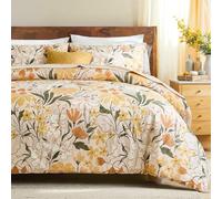 Herside Soft Cotton Bedding Set Double 3 Pcs Yellow Floral Duvet Cover Set Green Leaf Orange Flower Printed Vintage Cottagecore Bedding Set Botanical Quilt Cover Set with Zipper Closure for Home Decor