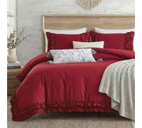 Herside Solid Burgundy Bedding Cover 3pcs Double Duvet Cover Set Reversible Ruffled Bedding Set Boho Rustic Duvet Cover Set Home Decor for Girls Women