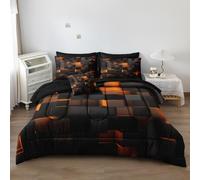 Herside Solid Geometric Queen Size Comforter Set with Sheets,8 Pcs Orange Black Queen Bed in a Bag Set,Gradual Change Honeycomb Quilt Set,Modern Square Texture Luxury Bedding Set for All Season