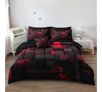 Herside Solid Geometric Queen Size Comforter Set with Sheets,8 Pcs Red and Black Queen Bed in a Bag Set,Gradual Change Honeycomb Quilt Set,Modern Square Texture Luxury Bedding Set for All Season