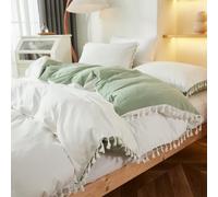 Herside Tassel Bedding Set 3 Pcs Solid Tassel Design White Green Reversible Duvet Cover Set Double Ultra Soft Microfiber Bedding Set with Zipper Closure All Season Quilt Cover
