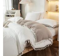Herside Tassel Duvet Cover Set 2 Pcs Solid Bedding Set Single Size Boho Tassel Fringed White&Taupe Reversible Bedding Set Ultra Soft Microfiber Bedding with Zipper Closure for All Season