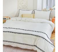 Herside White Duvet Cover Set King 230x220cm Boho Bedding All Black Pom Poms Fringed Design Soft Microfibre Shabby Chic Bedding Sets with 2 Pillowcases (White Black,King)