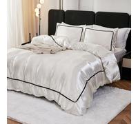 Herside White Satin Bedding Set 3 Pcs King Size Bedding Cover Luxurious Satin Duvet Cover Set with Pom Pom Pillowcases Black Poms Design Super Soft Silky Bed Cover for All Seasons
