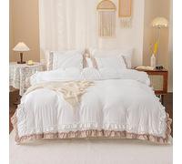 Herside White Taupe Ruffle Duvet Cover King Shabby Chic Bedding 2 Layers Ruffle Design Farmhouse Boho Bedding Sets 1 Duvet Cover 2 Ruffle Pillowcases (White-Taupe, King)