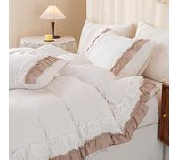 Herside White-Taupe Ruffle Duvet Cover King Shabby Chic Bedding Set 2 Layers Ruffle Design Farmhouse Boho Bedding Sets 1 Duvet Cover 2 Pillowcases