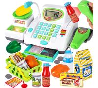 HERSITY Childs Big Toy Till Cash Register with Scanner, Kids Shopping Till Play Money Cashier Toys Supermarket Checkout Pretend Play Grocery Games for