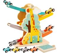 HERSITY Wooden Car Jump Ramp Race Track Toy Toddlers, Click Clack Race Track Zig Zag Cars Slide Garage Toys Montessori Educational Gifts for 2 Year Old Baby Boys Girls